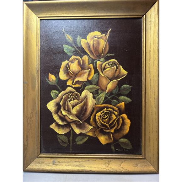 Mid Century Rose Oil Painting Yellow Gold - Picture 1 of 3